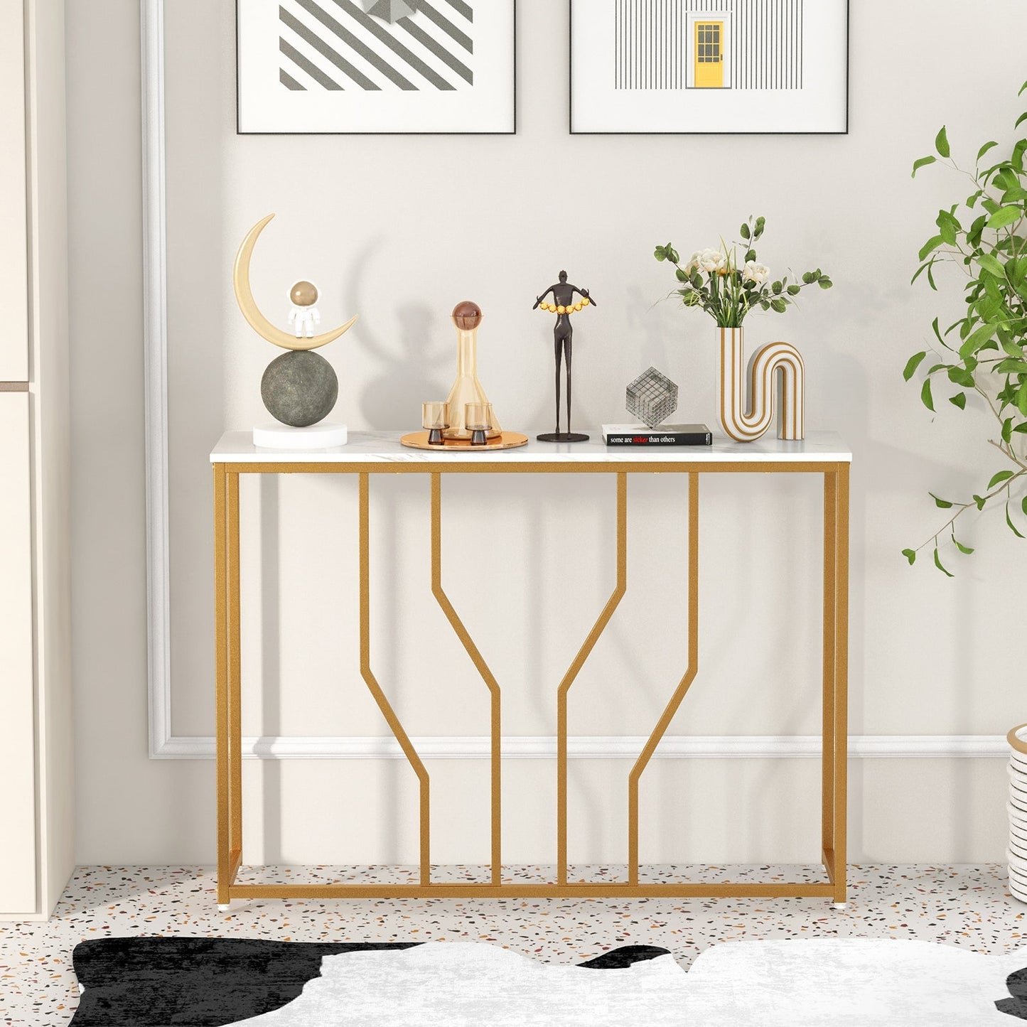 110 cm Gold Console Table Entryway Table with Faux Marble Tabletop-White & Golden