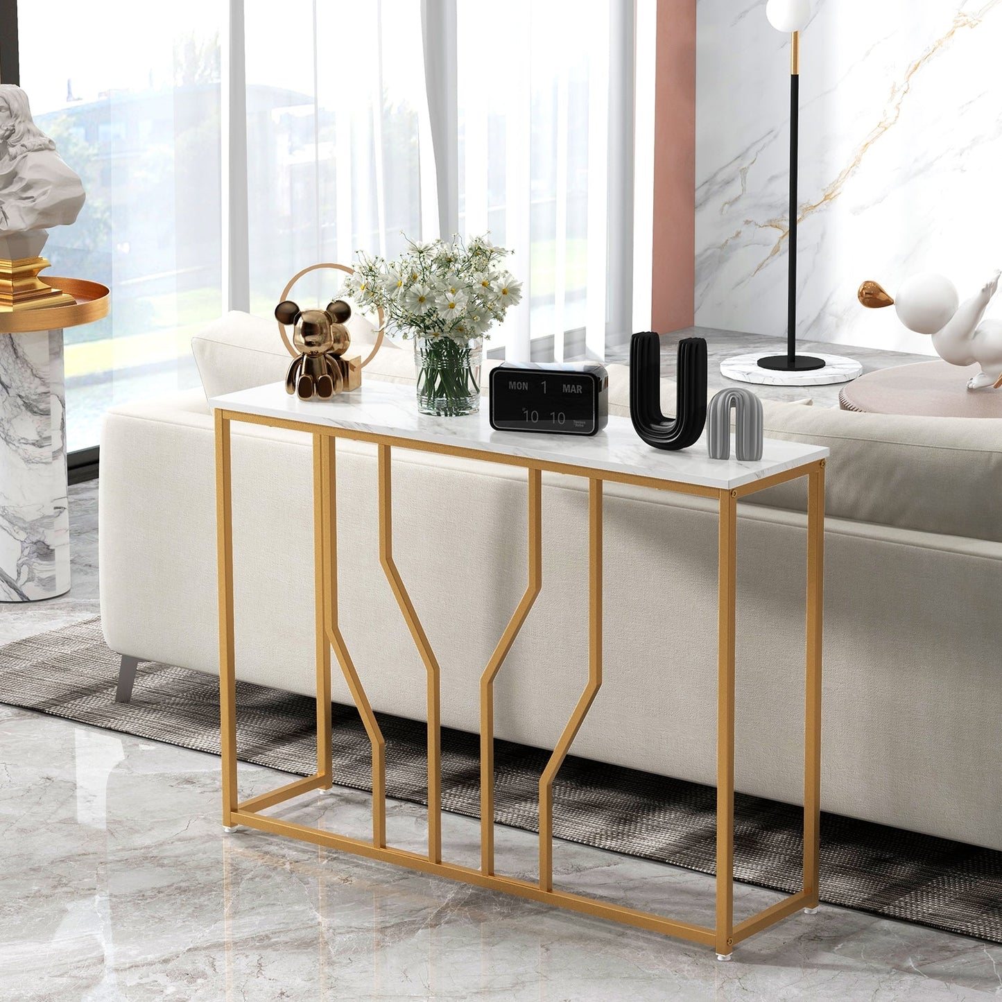 110 cm Gold Console Table Entryway Table with Faux Marble Tabletop-White & Golden