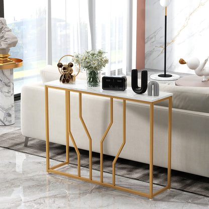 110 cm Gold Console Table Entryway Table with Faux Marble Tabletop-White &amp; Golden