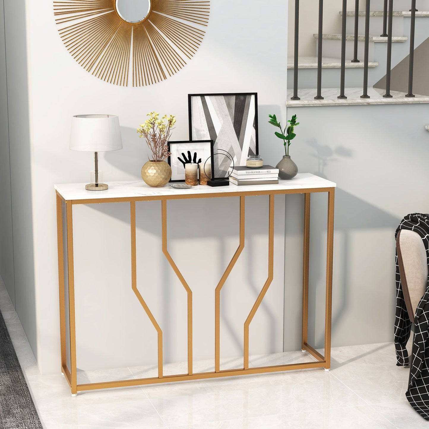 110 cm Gold Console Table Entryway Table with Faux Marble Tabletop-White & Golden