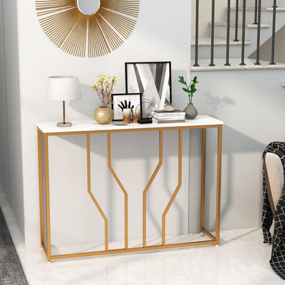 110 cm Gold Console Table Entryway Table with Faux Marble Tabletop-White & Golden