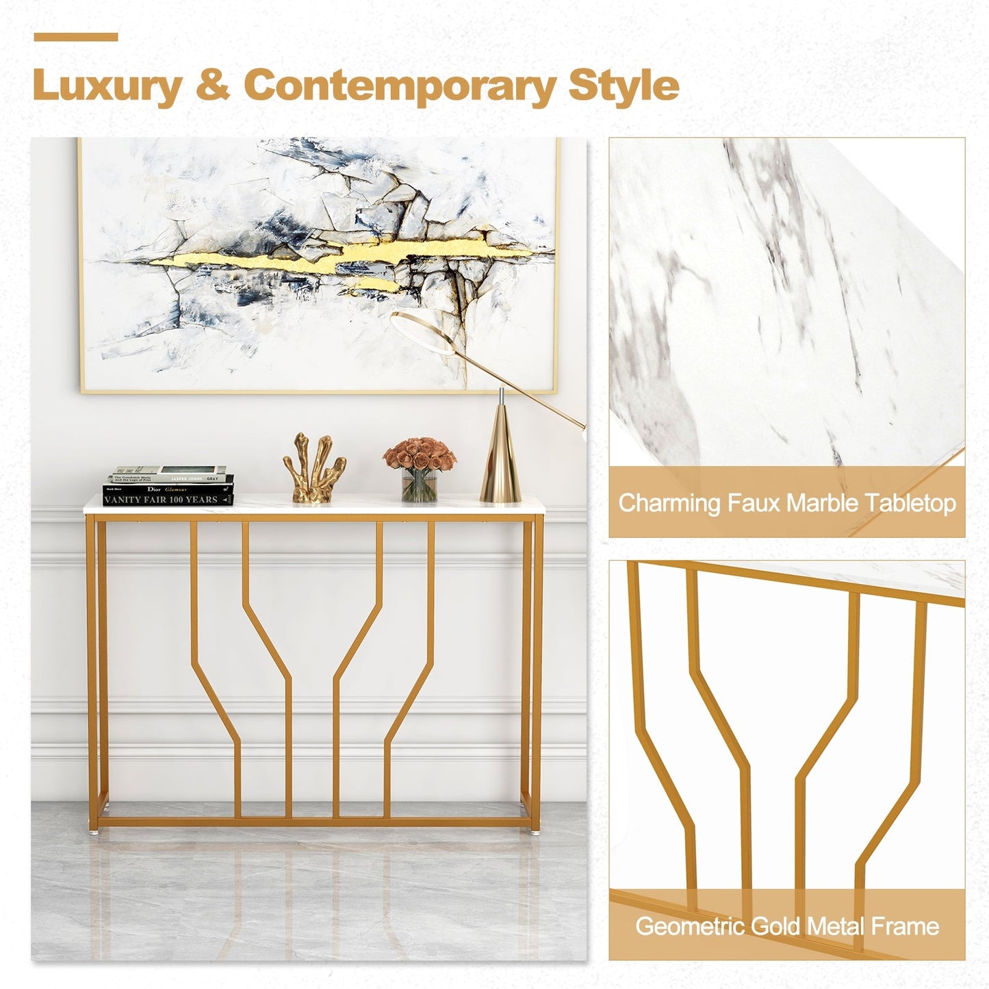 110 cm Gold Console Table Entryway Table with Faux Marble Tabletop-White & Golden