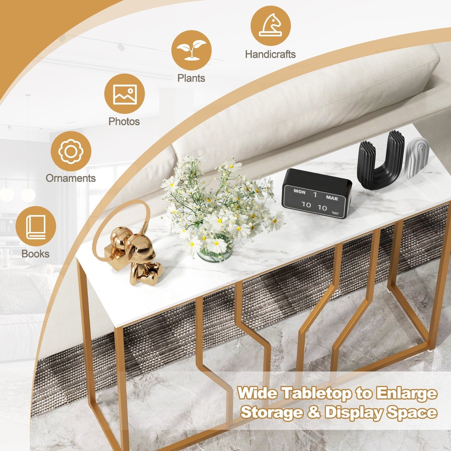 110 cm Gold Console Table Entryway Table with Faux Marble Tabletop-White &amp; Golden