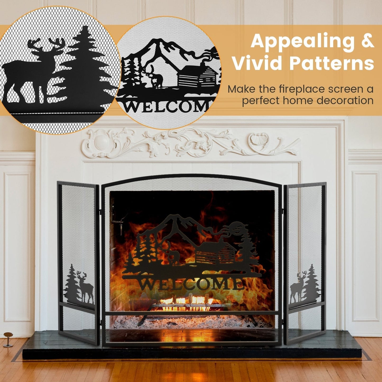 55 x 29.5 Inch Fireplace Screen with Natural Scenery and Moose Pattern-Black