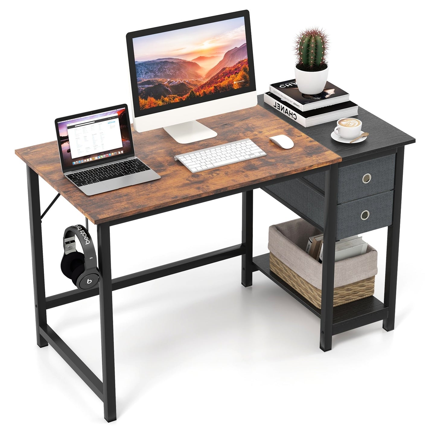 48/55-Inch Home Office Desk with 2 Drawers Hanging Hook-S