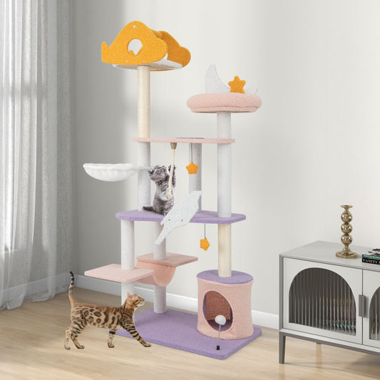 167 cm Multilevel Tall Cat Tower with Sisal Covered Scratching Posts-Purple