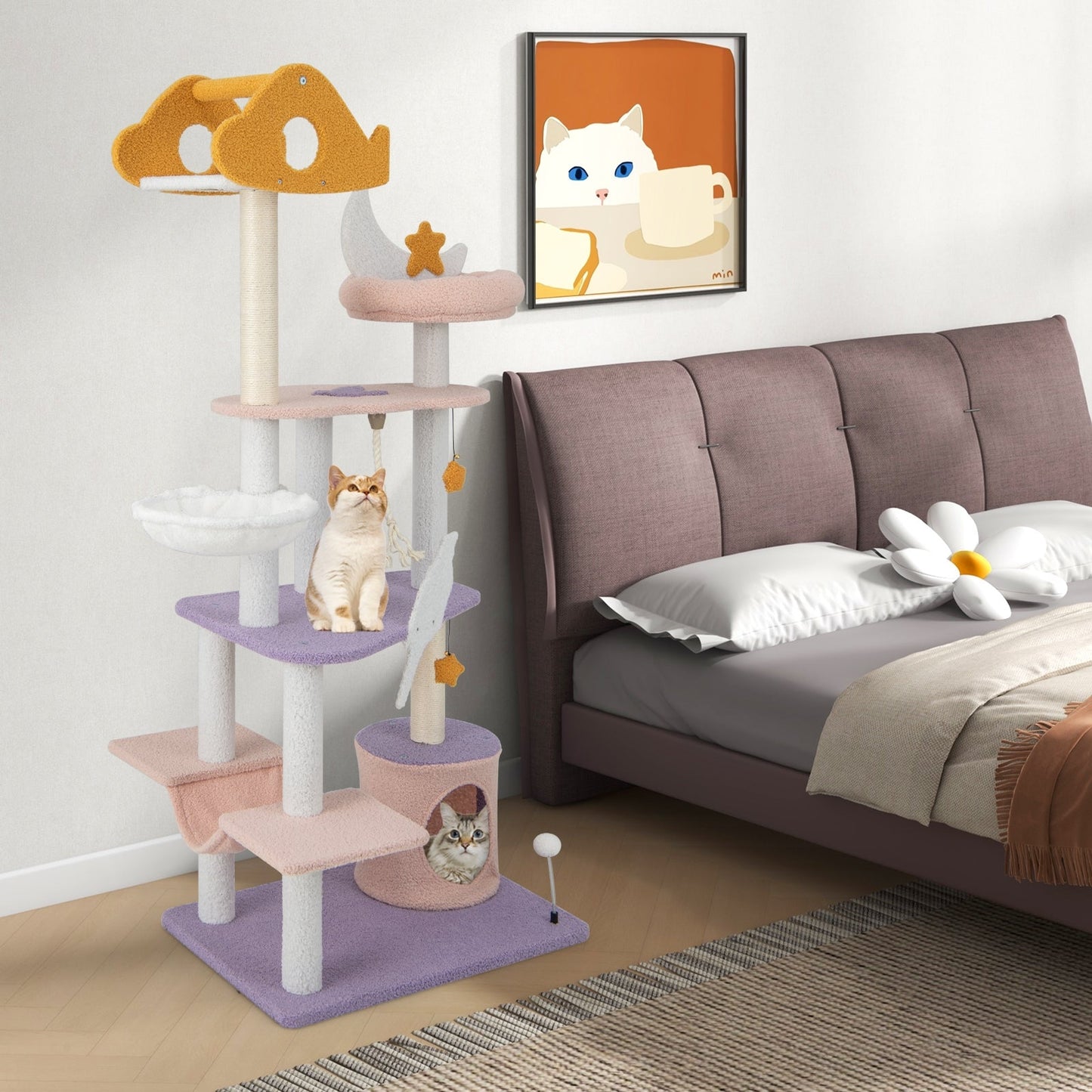 167 cm Multilevel Tall Cat Tower with Sisal Covered Scratching Posts-Purple