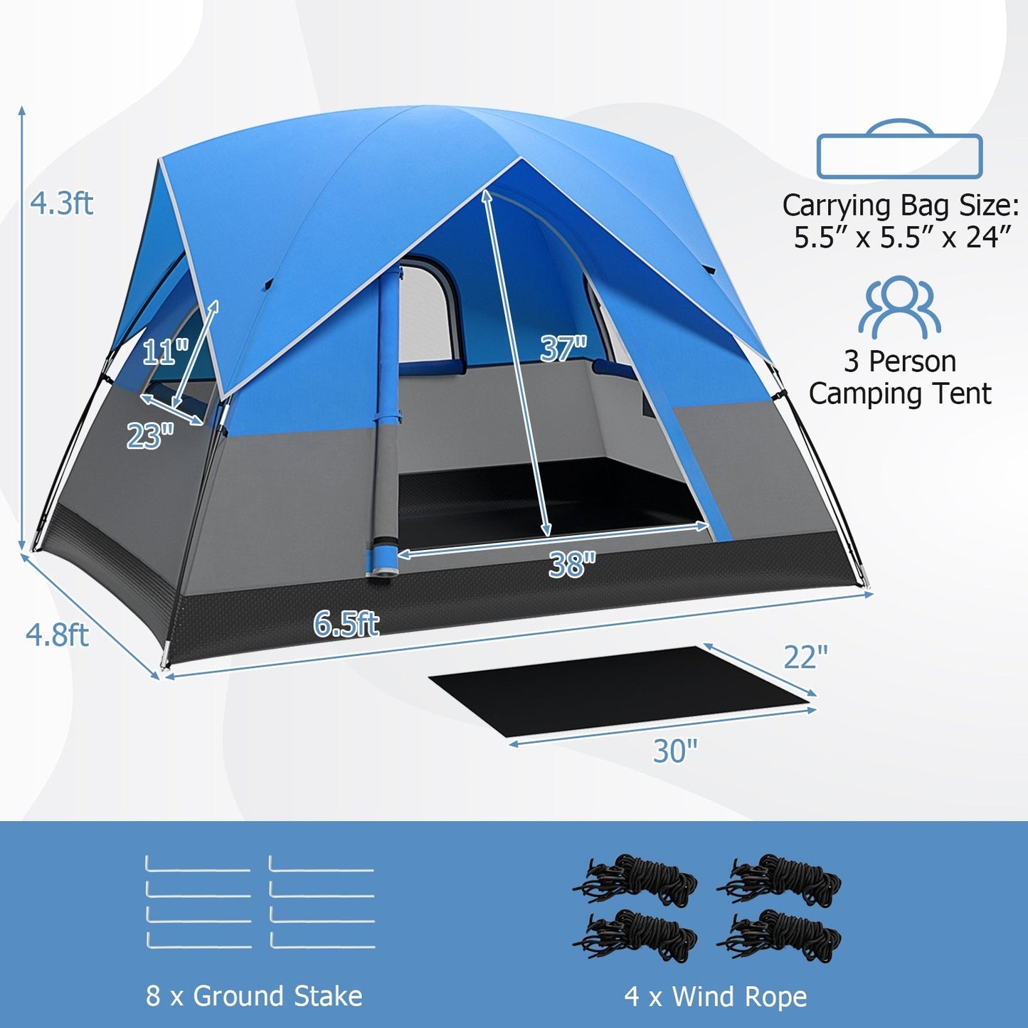 3-Person Outdoor Camping Tent with Removable Floor Mat-Black &amp; Blue