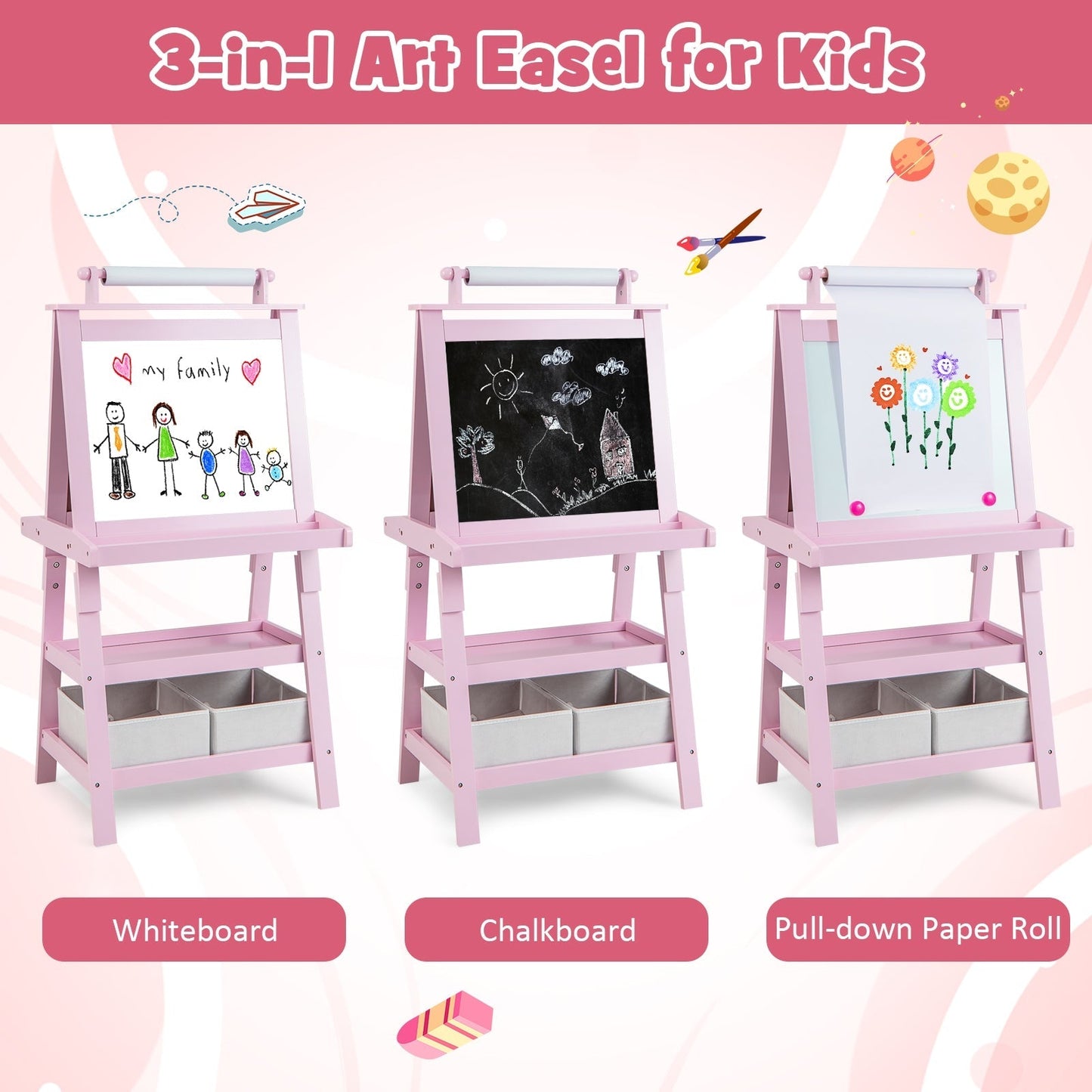 Children's Double-Sided Art Easel with Paper Roll-Pink