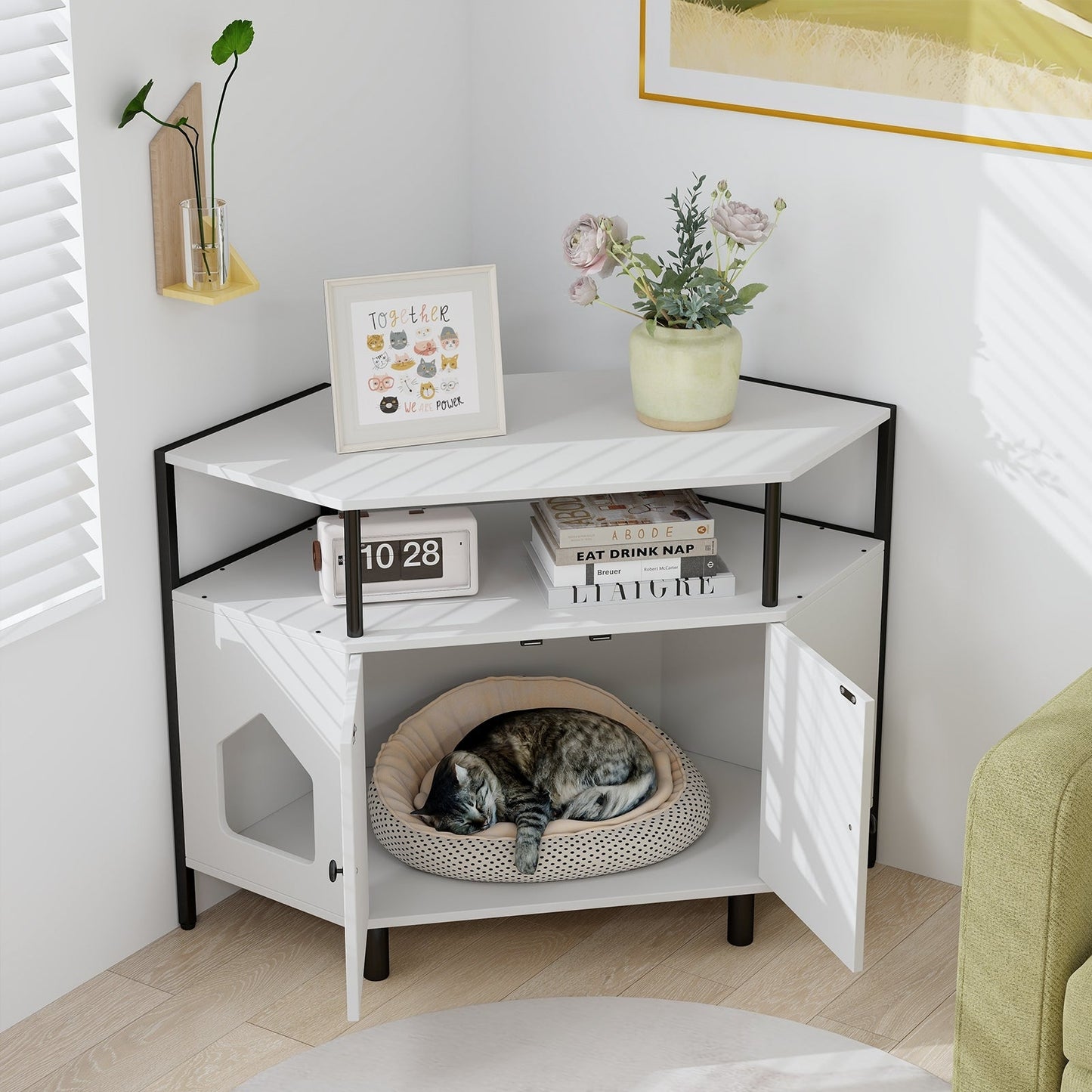 Corner Cat Litter Box Enclosure with Open Shelf Entries and Double Doors-White