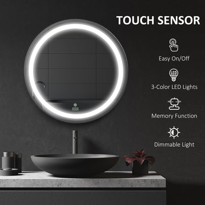 Kleankin Round LED Bathroom Mirror, Dimmable Lighted Wall-Mounted Mirror with 3 Temperature Colours, Memory Function, Hardwired