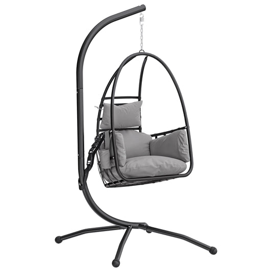 Outsunny Hanging Egg Chair, Indoor Outdoor Swinging Hammock Chair with Stand, Foldable Basket, Side Pocket, Dark Grey