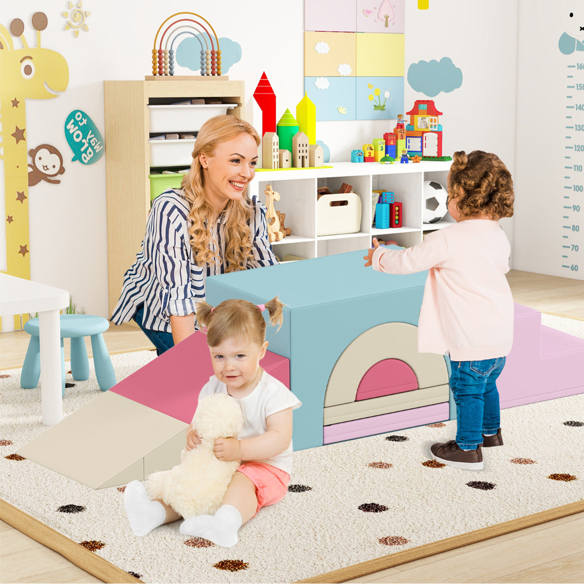 Indoor 7-Piece Foam Climbing Blocks for Crawling Climbing Sliding-Pink