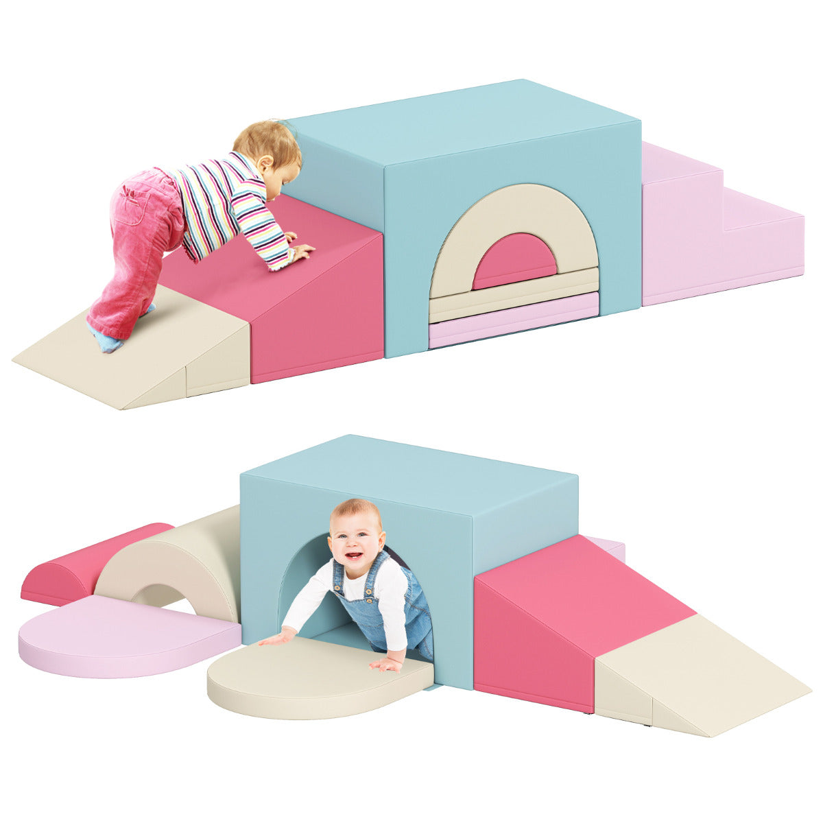 Indoor 7-Piece Foam Climbing Blocks for Crawling Climbing Sliding-Pink
