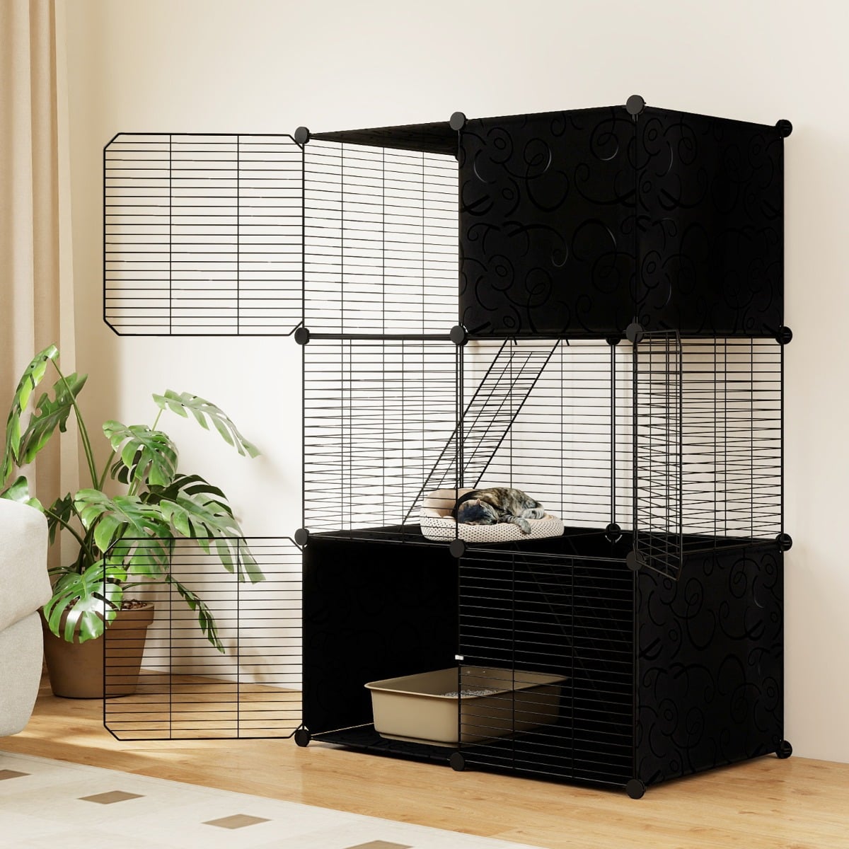 3-Tier Indoor Metal Wire Kitten Enclosure with 2 Ramps and Pet Pen-Black