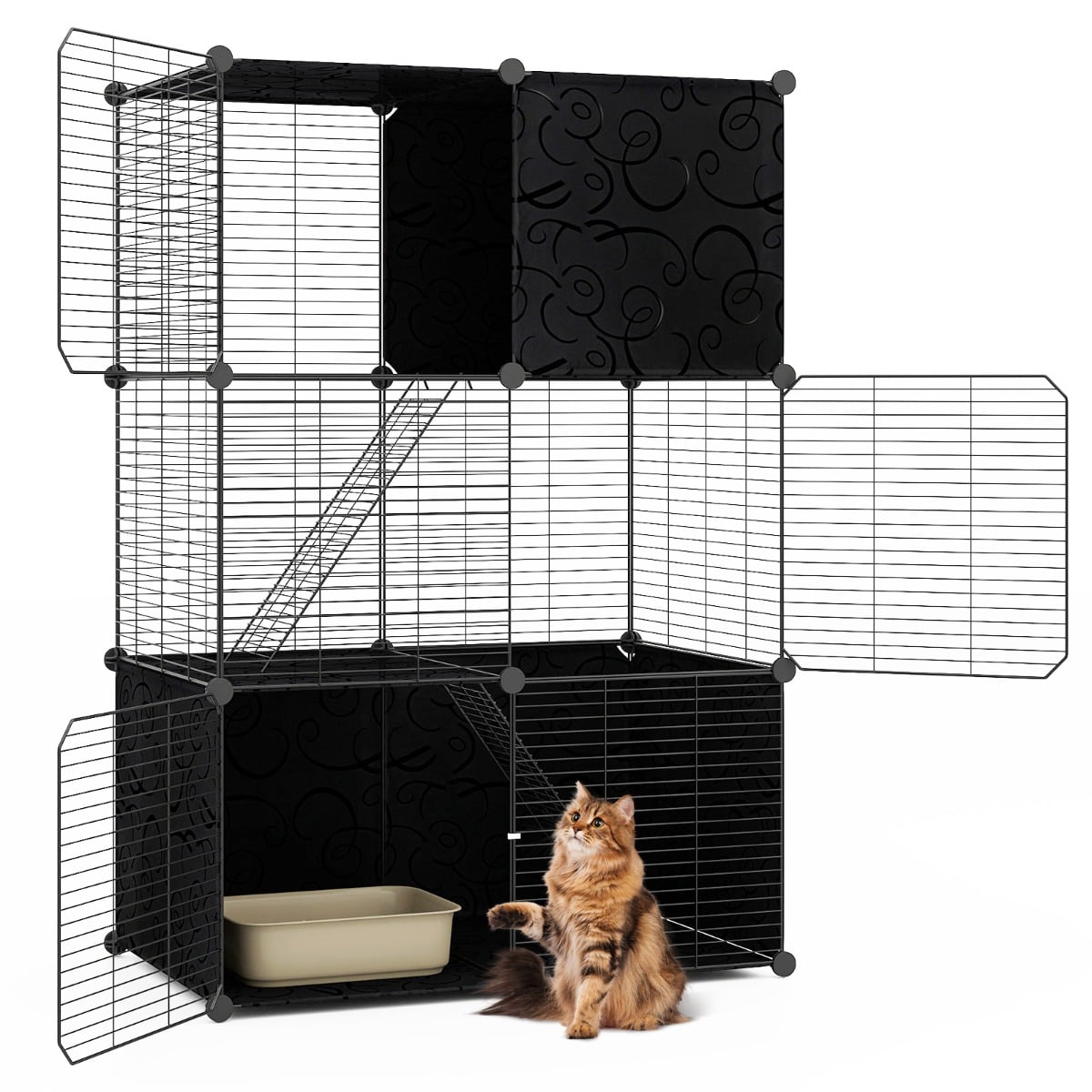 3-Tier Indoor Metal Wire Kitten Enclosure with 2 Ramps and Pet Pen-Black