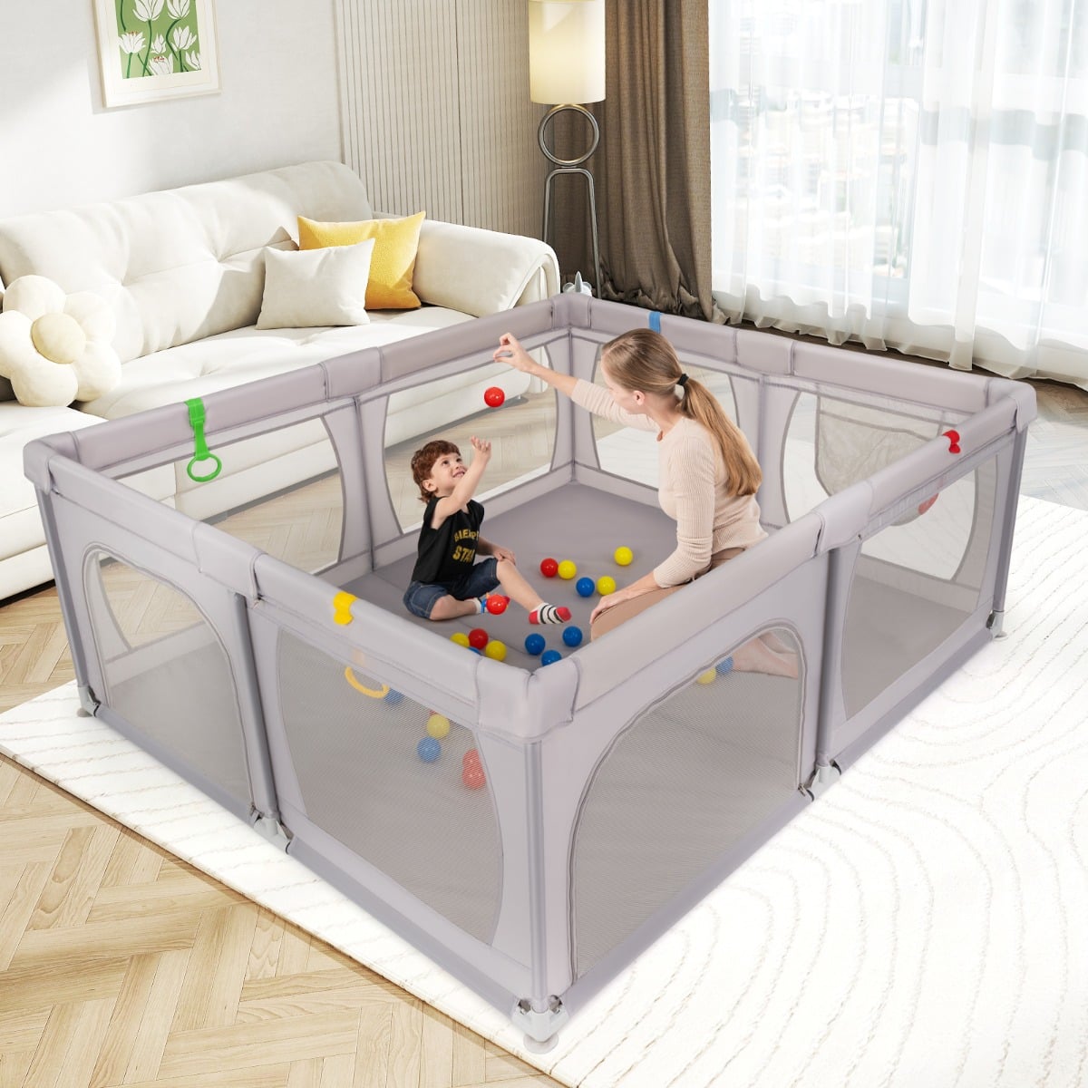 Indoor Safety Play Fence Infant Activity Center with 50 Ocean Balls-Light Grey