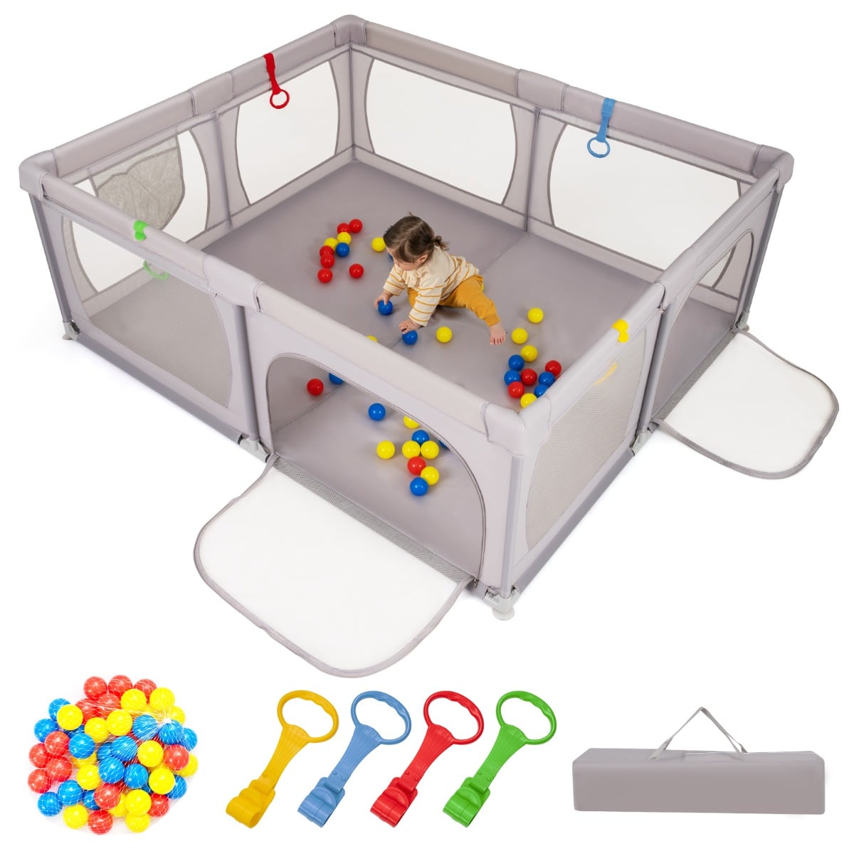 Indoor Safety Play Fence Infant Activity Center with 50 Ocean Balls-Light Grey