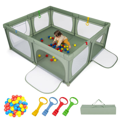 Indoor Safety Play Fence Infant Activity Center with 50 Ocean Balls-Green