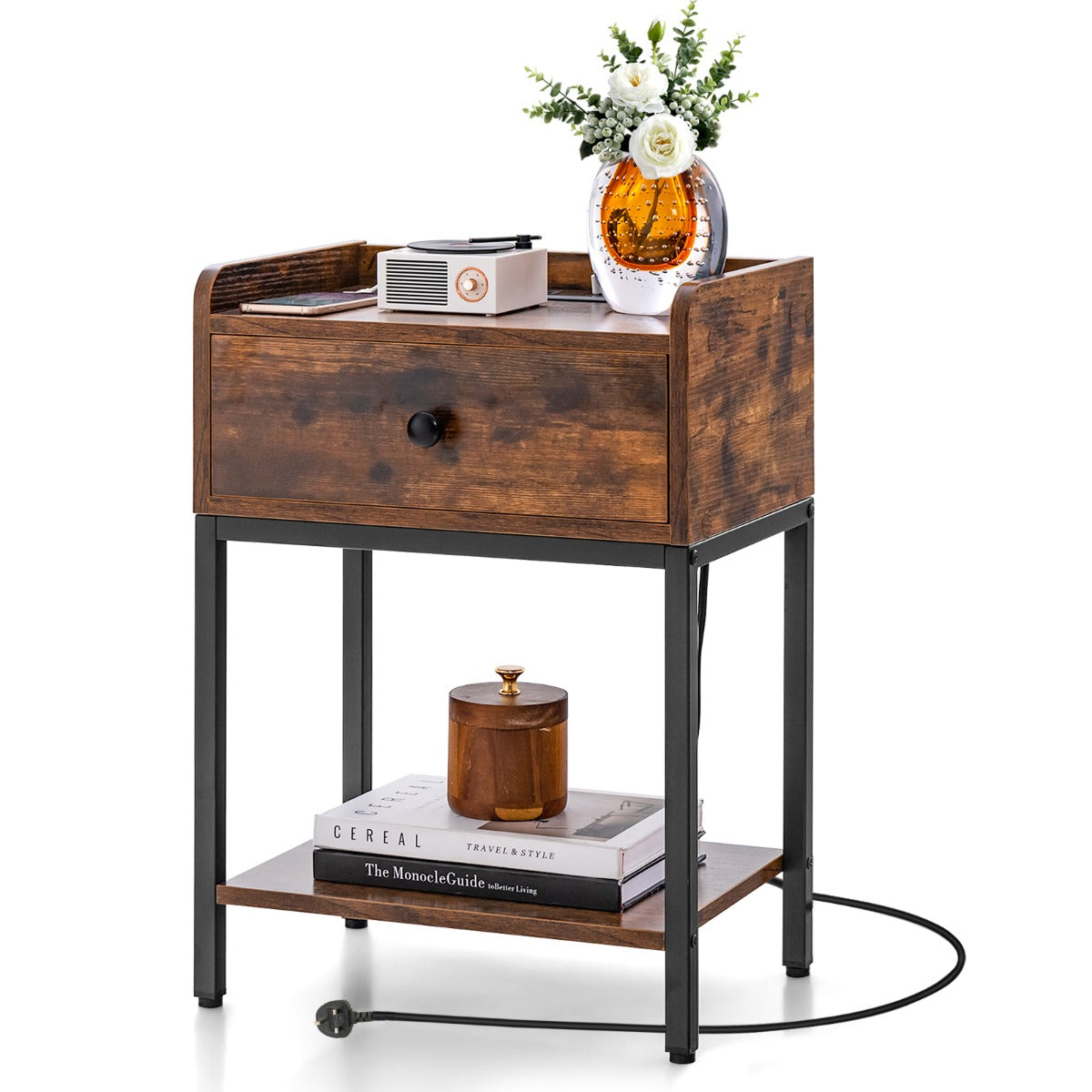 Nightstand with Charging Station Storage Drawer and Open Shelf-Rustic Brown