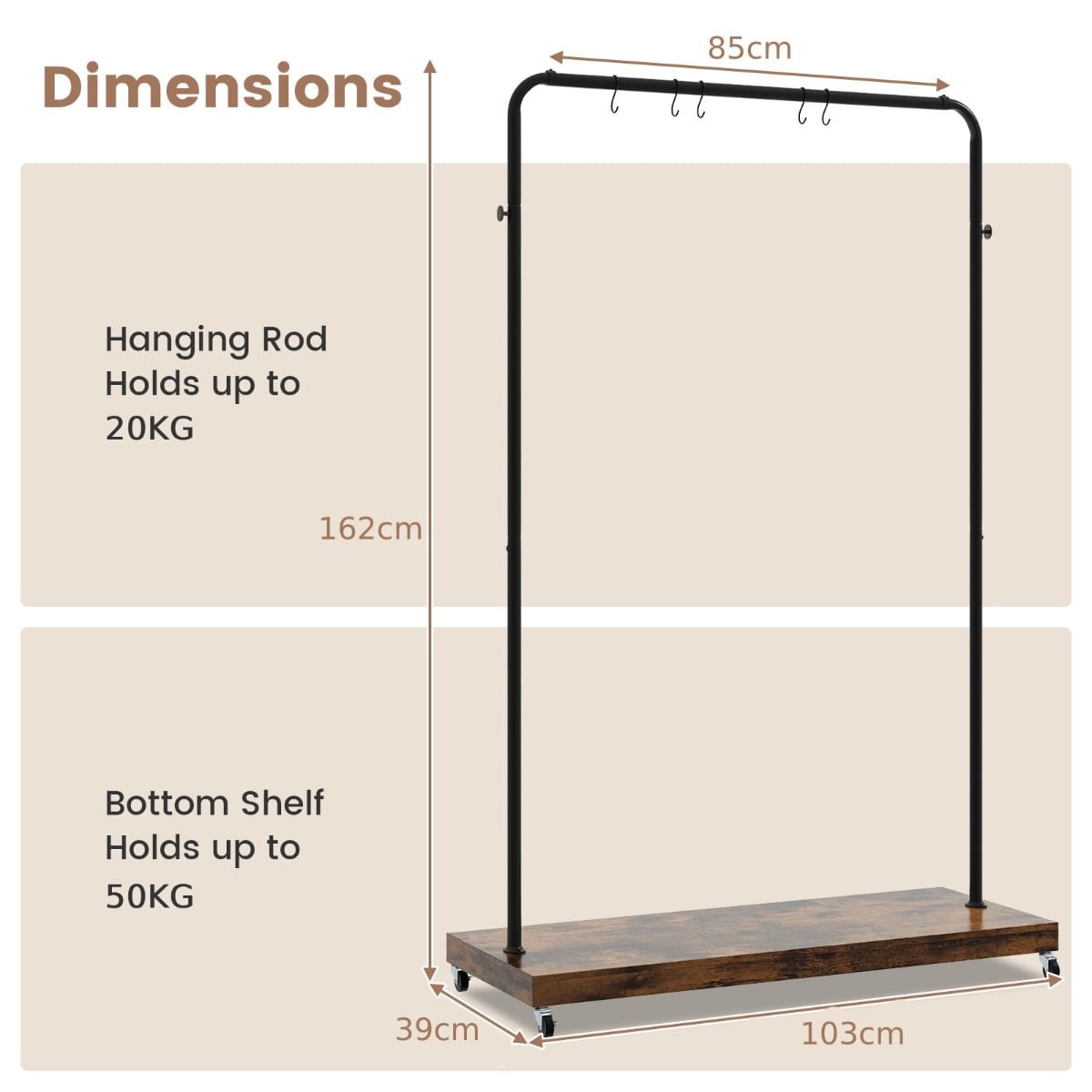 Industrial Clothes Rack Rolling Garment Rack with Bottom Storage Shelf-Rustic Brown