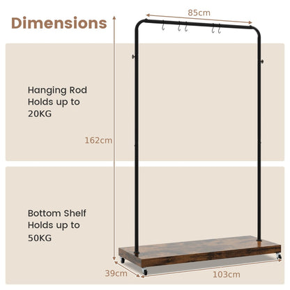 Industrial Clothes Rack Rolling Garment Rack with Bottom Storage Shelf-Rustic Brown