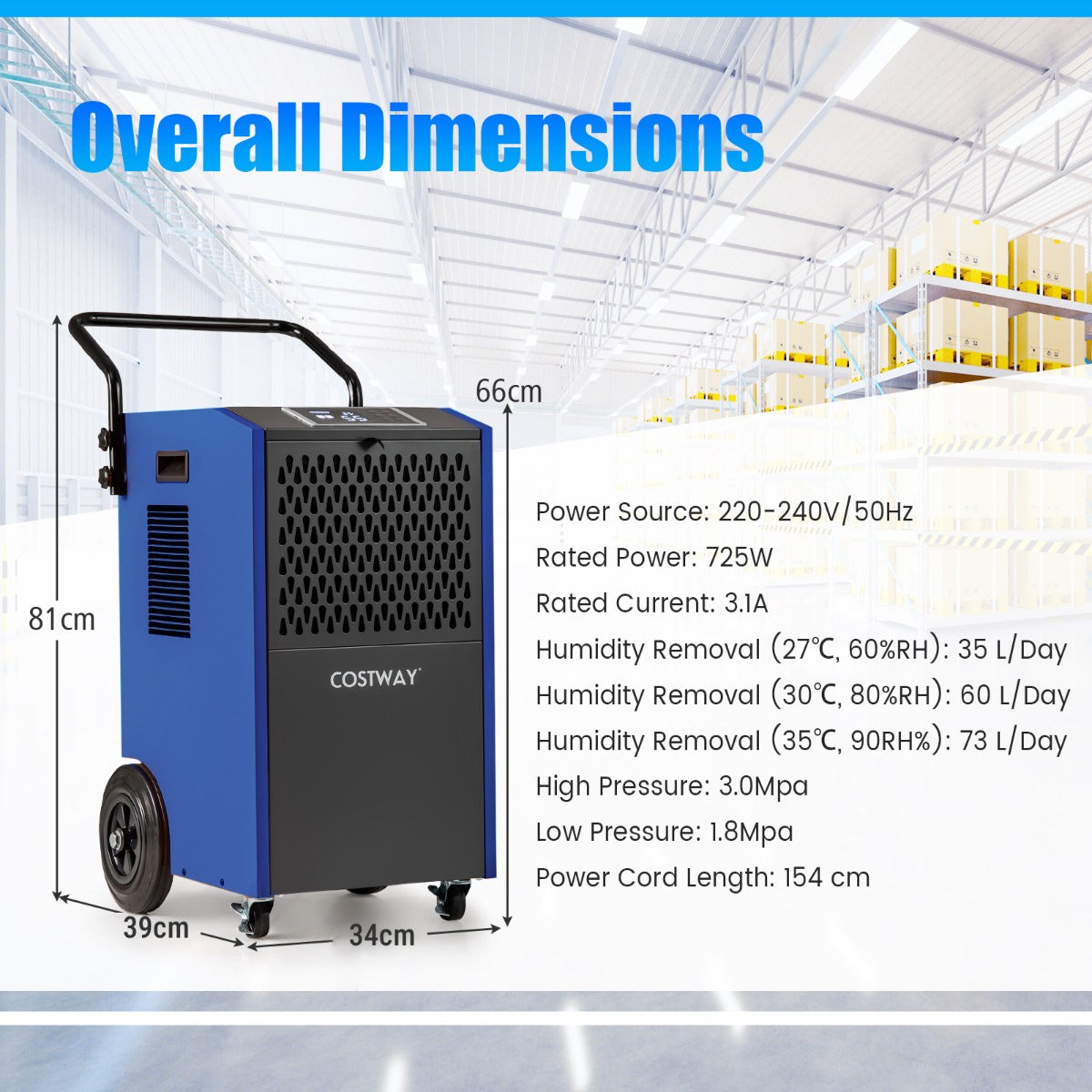 73 L/Day Industrial Dehumidifier with Drain Hose and Timer-Blue