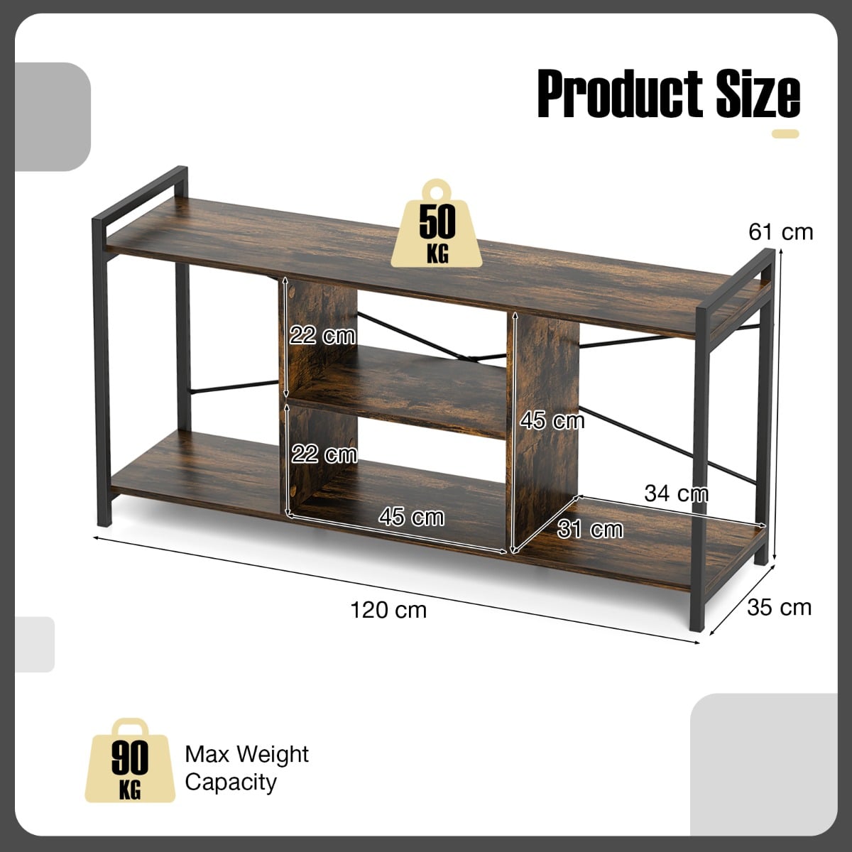 Industrial Entertainment Center with 4 Open Shelves-Rustic Brown