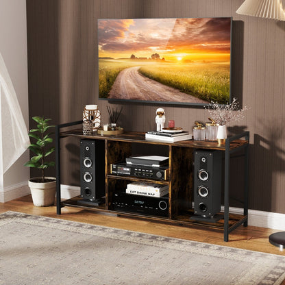 Industrial Entertainment Center with 4 Open Shelves-Rustic Brown