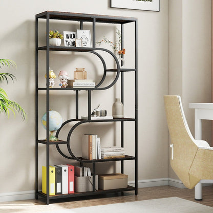 Industrial Etagere Bookcase with Open Storage Shelves and Metal Frame-Rustic Brown