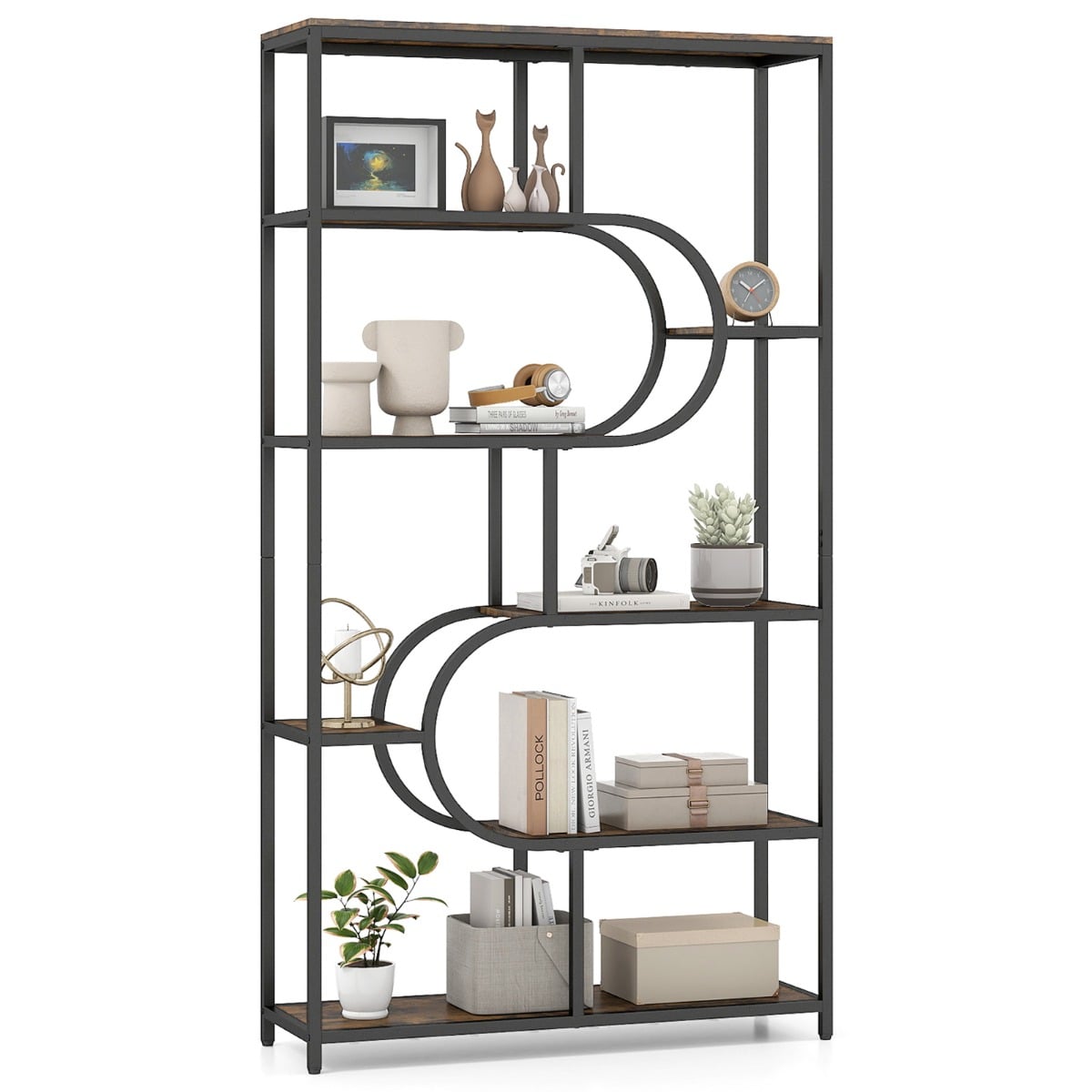 Industrial Etagere Bookcase with Open Storage Shelves and Metal Frame-Rustic Brown