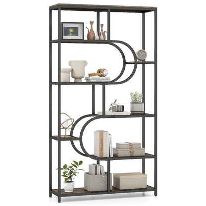 Industrial Etagere Bookcase with Open Storage Shelves and Metal Frame-Rustic Brown