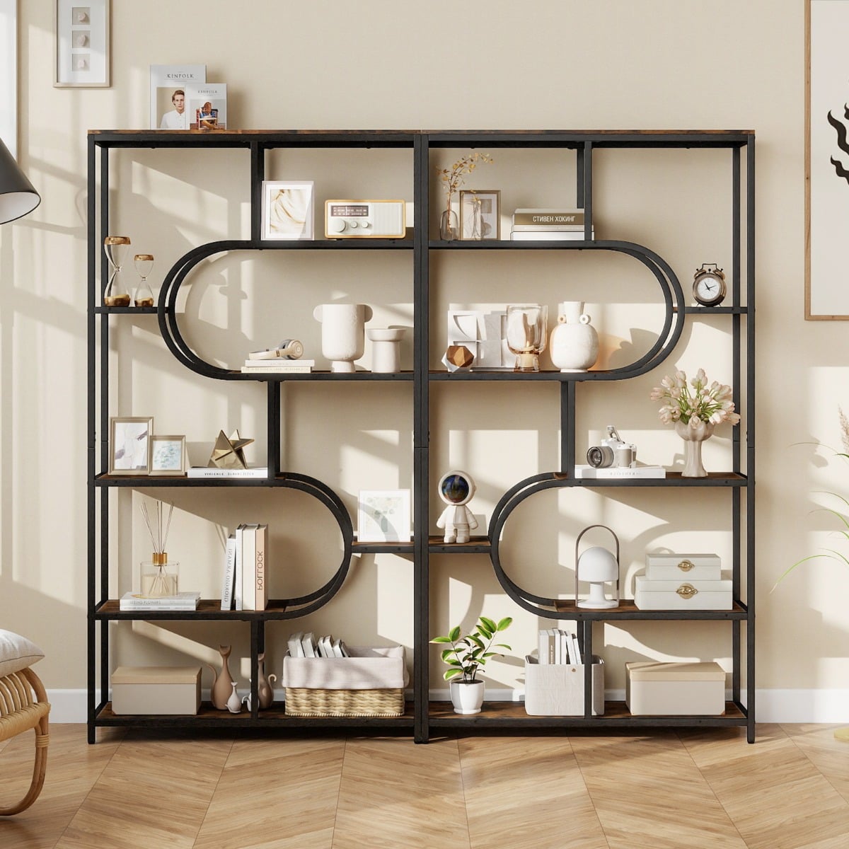 Industrial Etagere Bookcase with Open Storage Shelves and Metal Frame-Rustic Brown