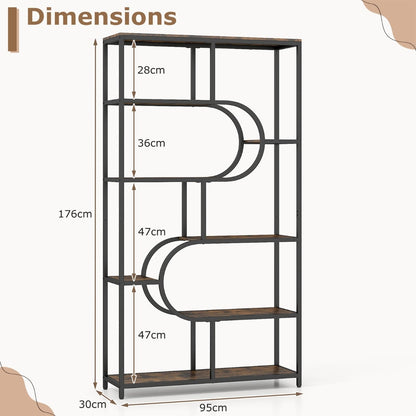 Industrial Etagere Bookcase with Open Storage Shelves and Metal Frame-Rustic Brown