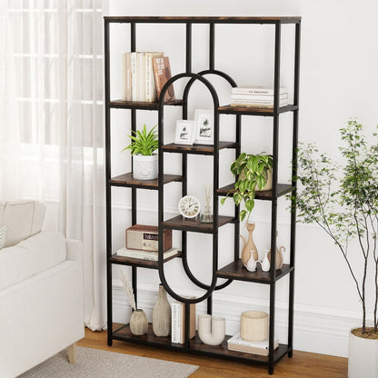 Industrial Etagere Bookcase with Open Storage Shelves and Oval Shape-Rustic Brown