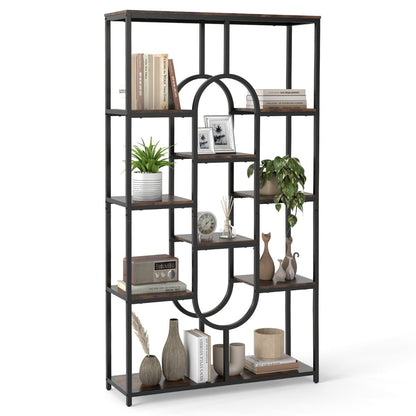 Industrial Etagere Bookcase with Open Storage Shelves and Oval Shape-Rustic Brown