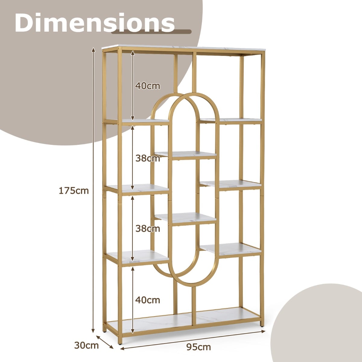 Industrial Etagere Bookcase with Open Storage Shelves and Oval Shape-White