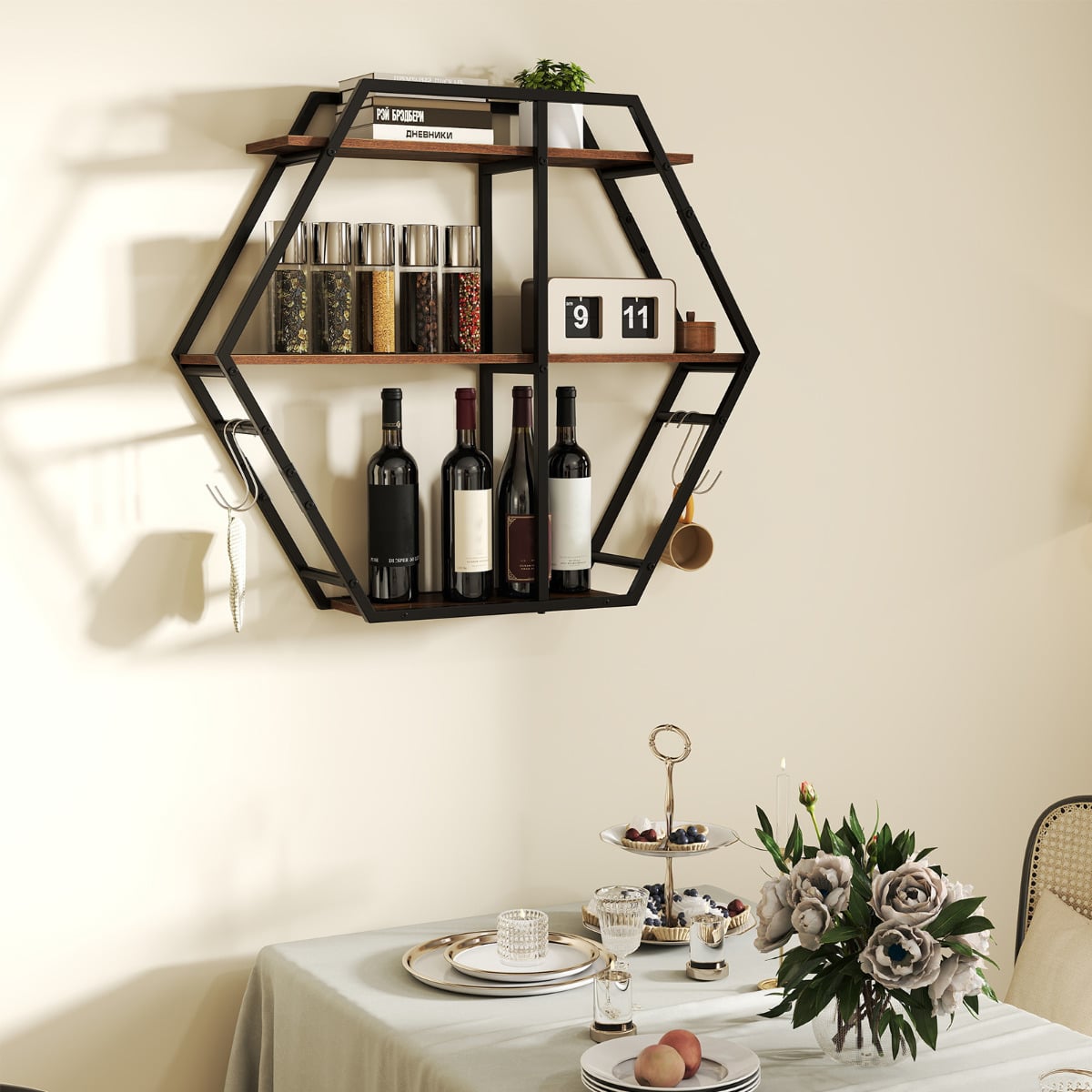 Industrial Hexagon Shelves for Wall 3-Tier Decorative Floating Wall Shelves with Hooks-Rustic Brown