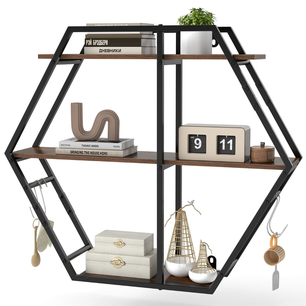 Industrial Hexagon Shelves for Wall 3-Tier Decorative Floating Wall Shelves with Hooks-Rustic Brown