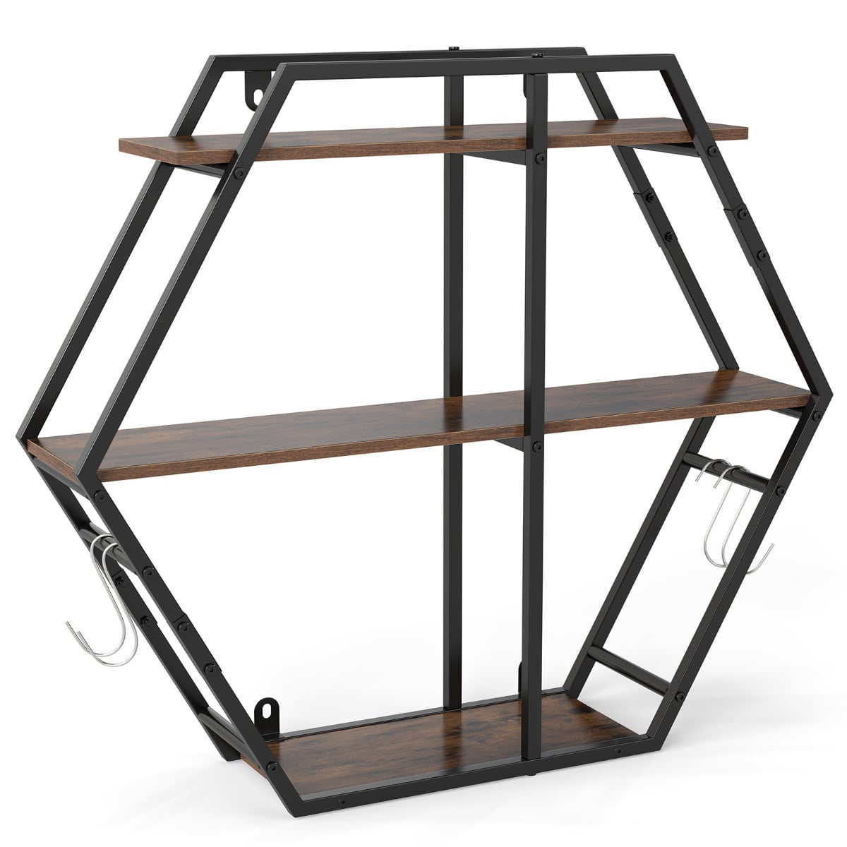 Industrial Hexagon Shelves for Wall 3-Tier Decorative Floating Wall Shelves with Hooks-Rustic Brown