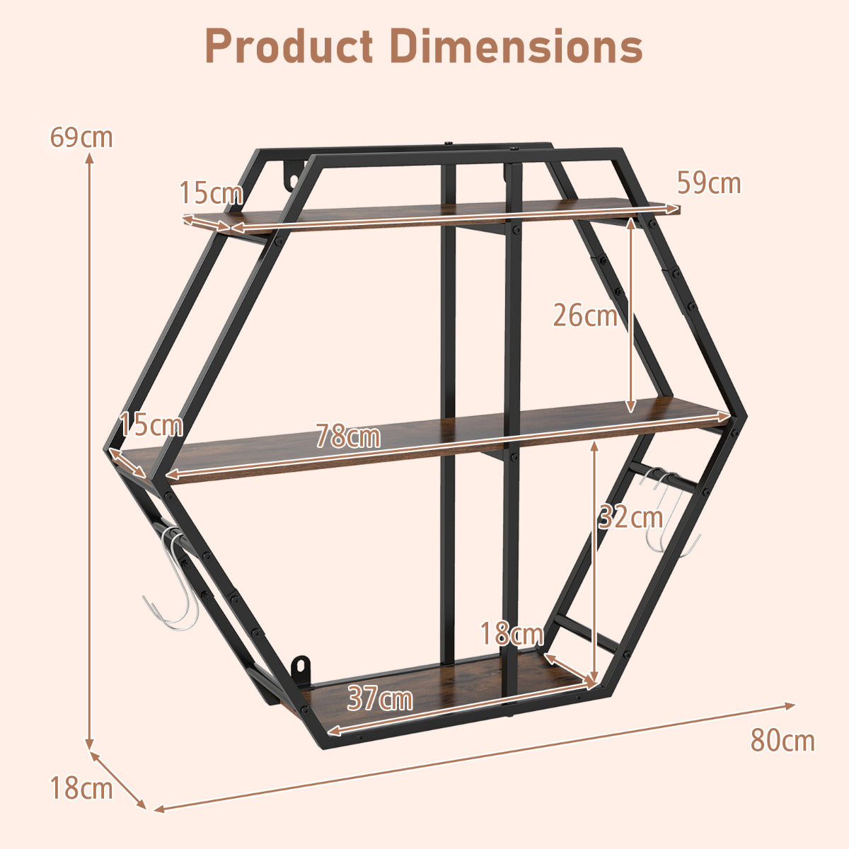 Industrial Hexagon Shelves for Wall 3-Tier Decorative Floating Wall Shelves with Hooks-Rustic Brown