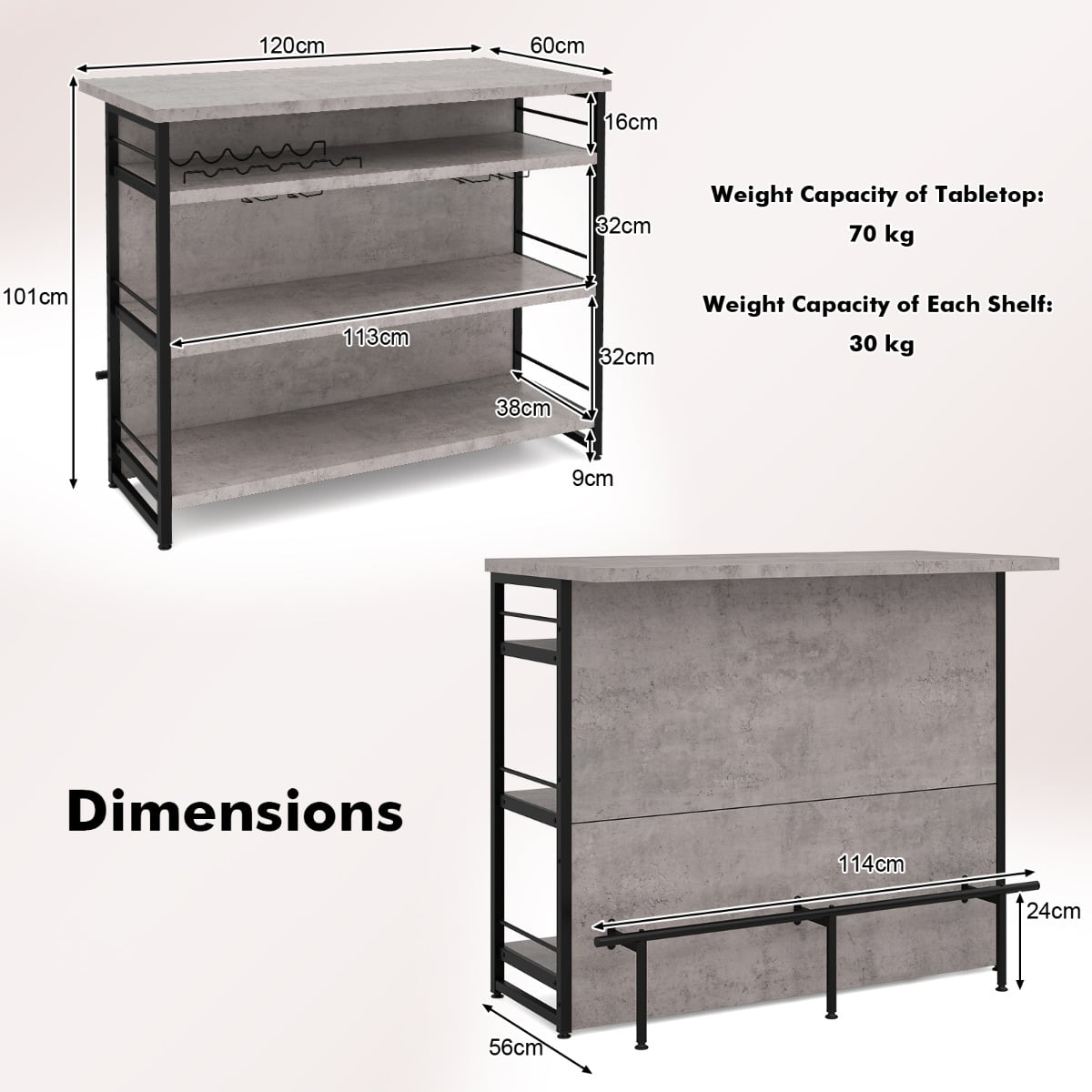 Industrial Home Bar Unit with 3 Open Shelves-Grey