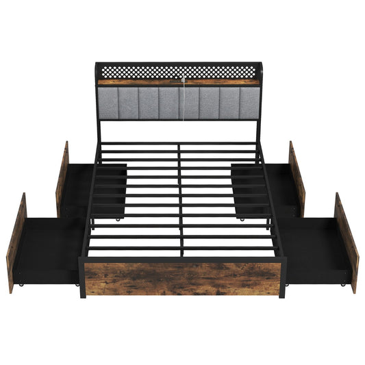 Industrial Metal Platform Bed with LED Lights and USB Power Outlets -Double Size