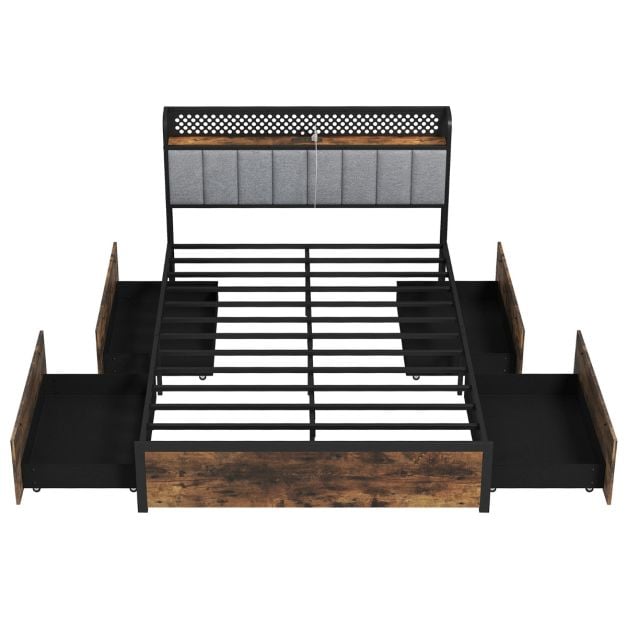 Industrial Metal Platform Bed with LED Lights  and USB Power Outlets -Double Size