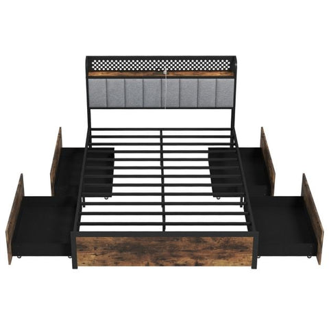 Industrial Metal Platform Bed with LED Lights  and USB Power Outlets -Double Size