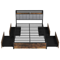 Industrial Metal Platform Bed with LED Lights and USB Power Outlets -Double Size