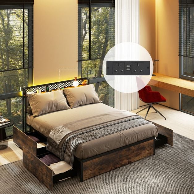 Industrial Metal Platform Bed with LED Lights  and USB Power Outlets -Double Size