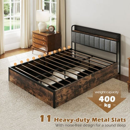 Industrial Metal Platform Bed with LED Lights  and USB Power Outlets -Double Size