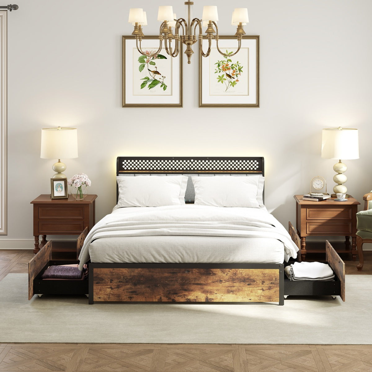 Industrial Metal Platform Bed with LED Lights and USB Power Outlets -King Size