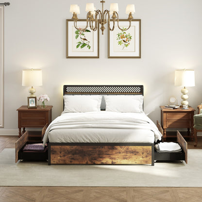 Industrial Metal Platform Bed with LED Lights and USB Power Outlets -King Size